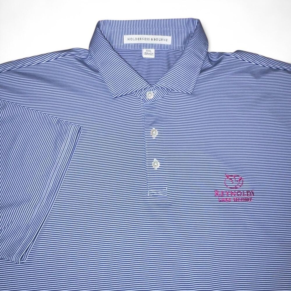 Holderness & Bourne Blue White Striped Golf Polo Men's XXL Reynolds Lake Oconee